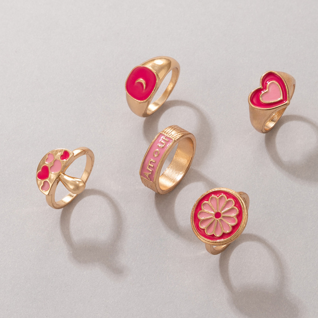 Pierścionek Tocona z różowym sercem – zestaw 5 sztuk dla kobiet i dziewcząt, biżuteria z motywem grzybów, kwiatów i księżyca - Wianko - 3
