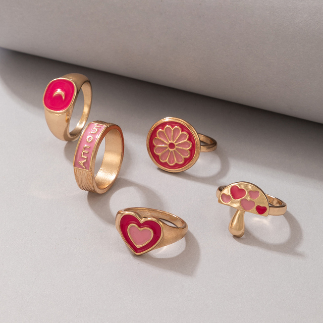 Pierścionek Tocona z różowym sercem – zestaw 5 sztuk dla kobiet i dziewcząt, biżuteria z motywem grzybów, kwiatów i księżyca - Wianko - 4