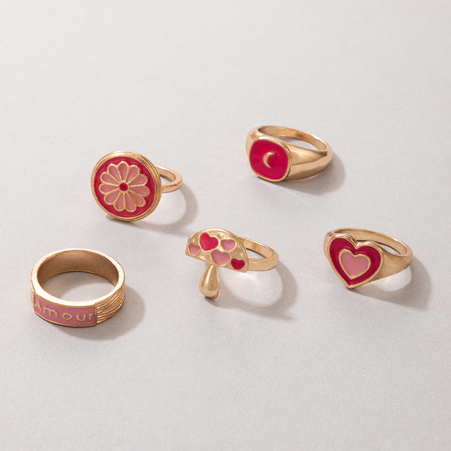 Pierścionek Tocona z różowym sercem – zestaw 5 sztuk dla kobiet i dziewcząt, biżuteria z motywem grzybów, kwiatów i księżyca - Wianko - 5