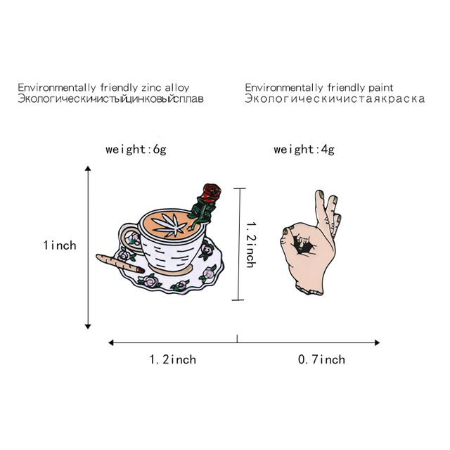 Broszka Punkowa z emaliowanym palcem środkowym, różą i filiżanką kawy - śmieszny prezent dla przyjaciela - Wianko - 2