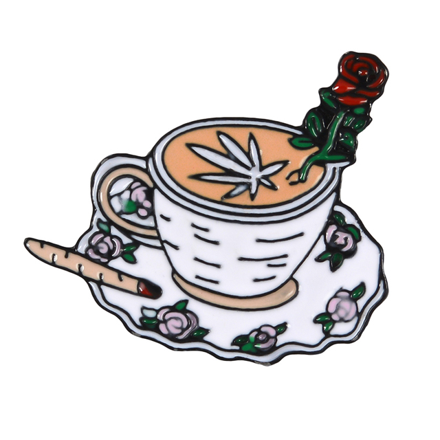 Broszka Punkowa z emaliowanym palcem środkowym, różą i filiżanką kawy - śmieszny prezent dla przyjaciela - Wianko - 6