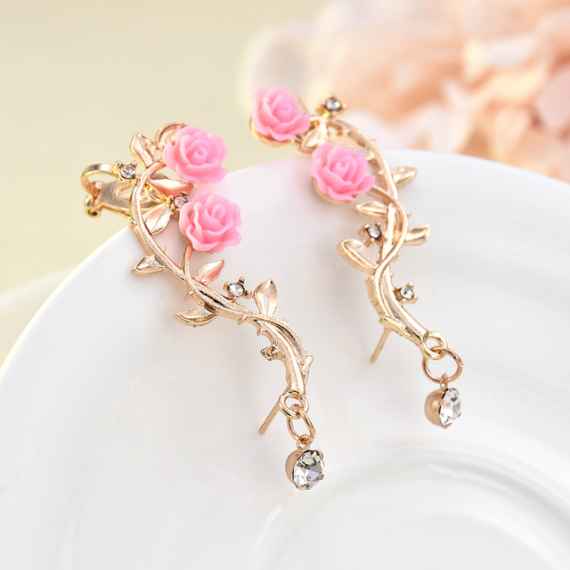 Nowe kolczyki róże kwiatowe nausznice - złoty róż, kobieta, biżuteria z kryształem - Wianko - 44