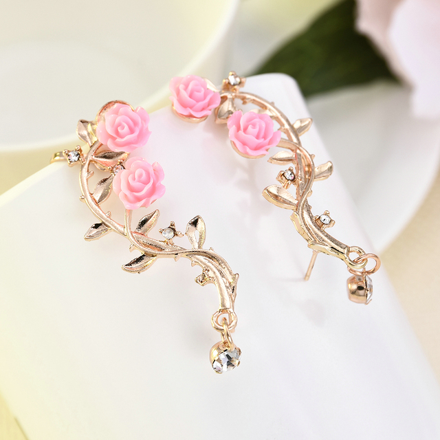 Nowe kolczyki róże kwiatowe nausznice - złoty róż, kobieta, biżuteria z kryształem - Wianko - 34