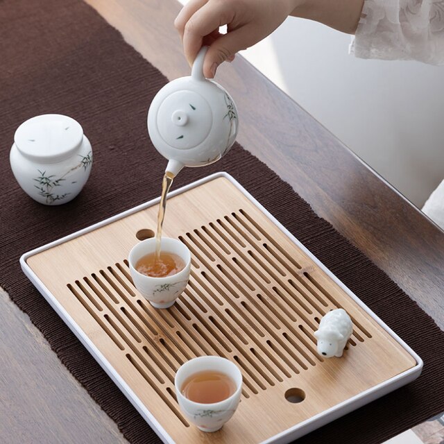 Biała bambusowa taca herbaciana z drewna drenażowego – solidne drewno, dekoracyjny stół, prosta, wysokiej jakości taca herbaciana Vassoio Specchio (ZP50CP) - Wianko - 6