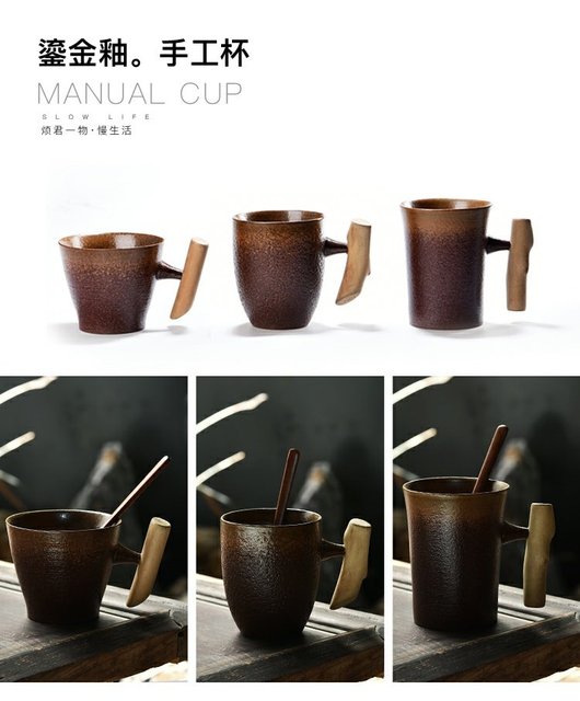 Vintage kubek ceramiczny z grubej ceramiki, rdzawa glazura i drewniany uchwyt do herbaty, kawy, mleka i napojów, wraz z drewnianą łyżką - Wianko - 13