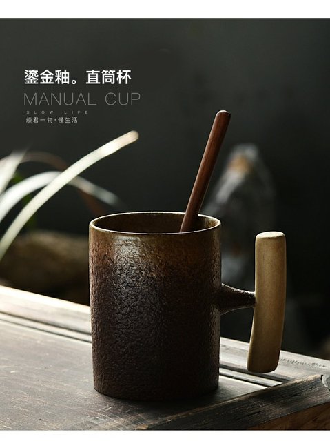 Vintage kubek ceramiczny z grubej ceramiki, rdzawa glazura i drewniany uchwyt do herbaty, kawy, mleka i napojów, wraz z drewnianą łyżką - Wianko - 9