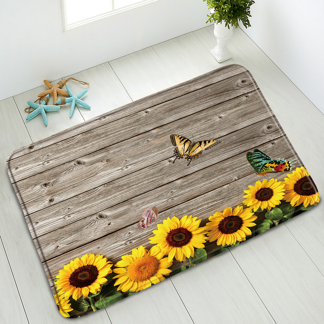 Antypoślizgowa mata łazienkowa Retro deska drewniana z kwiatami słonecznika - Wianko - 3