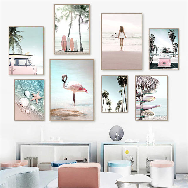 Rozgwiazda powłoki Surf dziewczyna malowanie plaża palma deska surfingowa Druk na płótnie różowy samochód Flamingo plakat artystyczny zdjęcia Home DecorTytuł: Plakat artystyczny - Rozgwiazda Surfing na różowym samochodzie w tle deski surfingowej, plaży oraz palmy - Malarstwo i kaligrafia - Wianko - 1