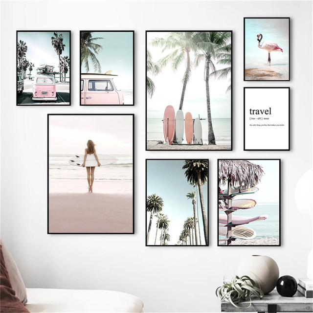 Rozgwiazda powłoki Surf dziewczyna malowanie plaża palma deska surfingowa Druk na płótnie różowy samochód Flamingo plakat artystyczny zdjęcia Home DecorTytuł: Plakat artystyczny - Rozgwiazda Surfing na różowym samochodzie w tle deski surfingowej, plaży oraz palmy - Malarstwo i kaligrafia - Wianko - 3