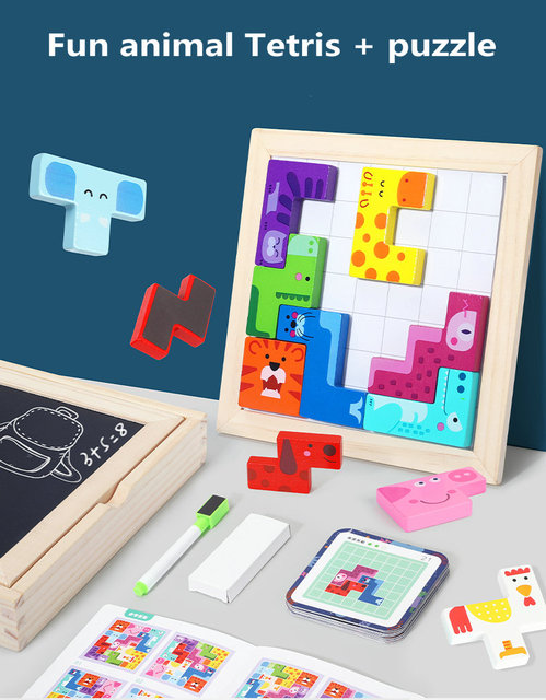 Zestaw edukacyjny Animal Block Tetris z tablicą do pisania - ucząca zabawa dla dzieci z drewnianymi figurami geometrycznymi - Wianko - 1