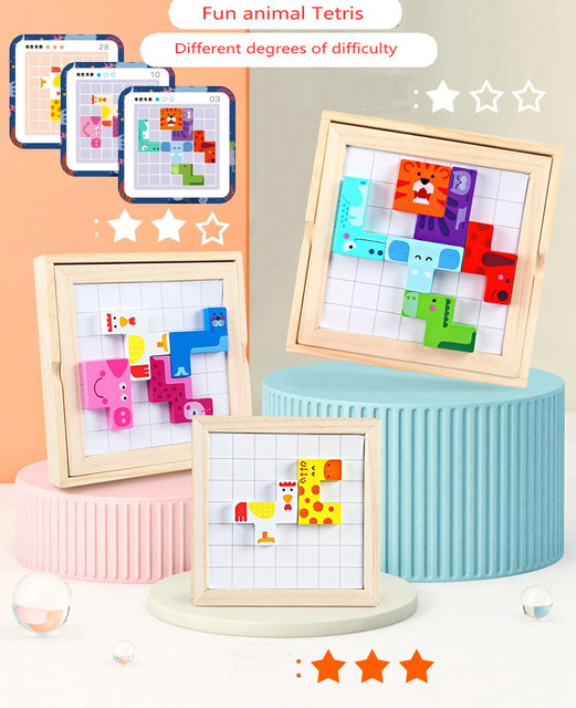 Zestaw edukacyjny Animal Block Tetris z tablicą do pisania - ucząca zabawa dla dzieci z drewnianymi figurami geometrycznymi - Wianko - 3