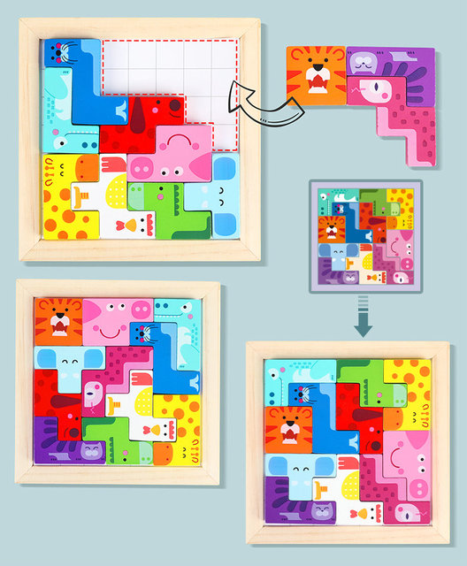 Zestaw edukacyjny Animal Block Tetris z tablicą do pisania - ucząca zabawa dla dzieci z drewnianymi figurami geometrycznymi - Wianko - 4