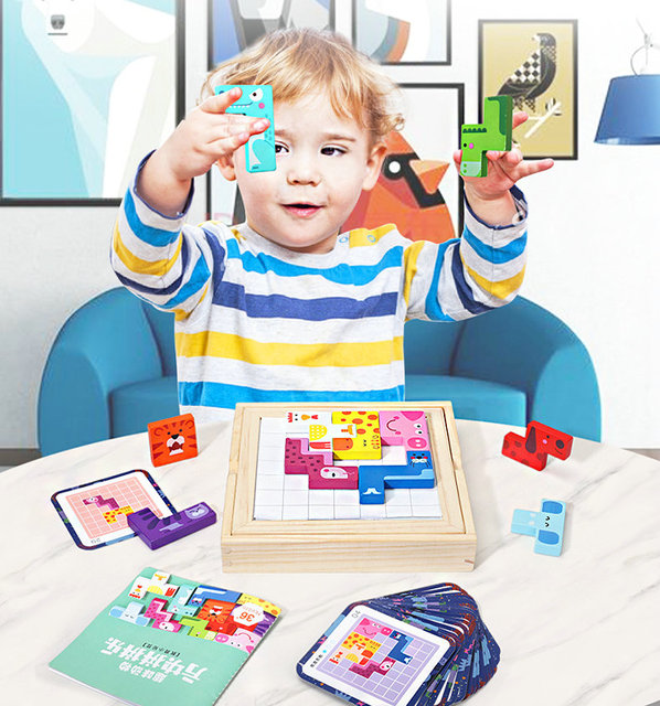 Zestaw edukacyjny Animal Block Tetris z tablicą do pisania - ucząca zabawa dla dzieci z drewnianymi figurami geometrycznymi - Wianko - 2