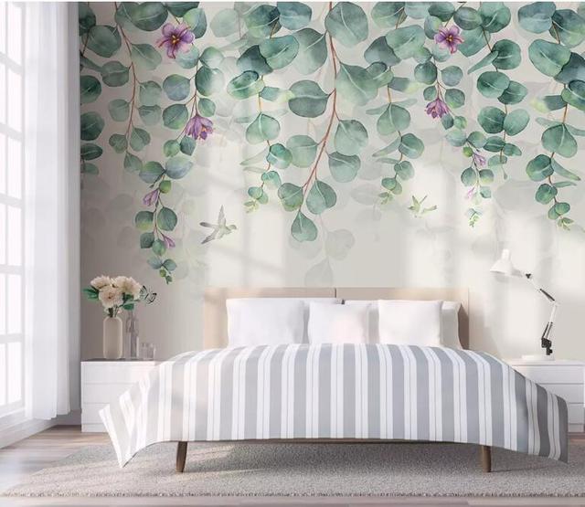 Tapeta z motywem skandynawskich liści i kwiatów do dekoracji wnętrz - Wellyu, niestandardowa, minimalistyczna, sypialnia, ściana - Wianko - 4