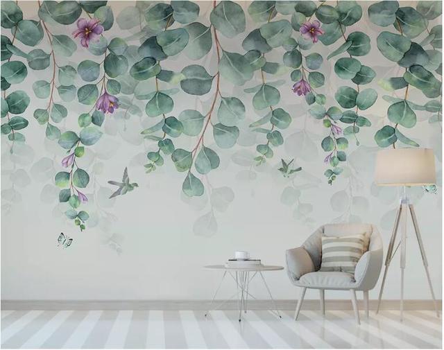 Tapeta z motywem skandynawskich liści i kwiatów do dekoracji wnętrz - Wellyu, niestandardowa, minimalistyczna, sypialnia, ściana - Wianko - 6