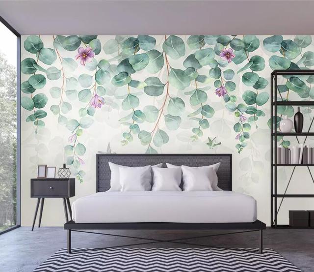 Tapeta z motywem skandynawskich liści i kwiatów do dekoracji wnętrz - Wellyu, niestandardowa, minimalistyczna, sypialnia, ściana - Wianko - 5