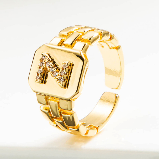Luksusowy pierścień z błyszczącymi, delikatnymi, początkowymi, miedzianymi otwartymi pierścieniami dla kobiet z cyrkoniami o regulowanym rozmiarze alfabetu A-Z - Wianko - 31