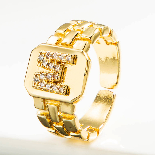 Luksusowy pierścień z błyszczącymi, delikatnymi, początkowymi, miedzianymi otwartymi pierścieniami dla kobiet z cyrkoniami o regulowanym rozmiarze alfabetu A-Z - Wianko - 19