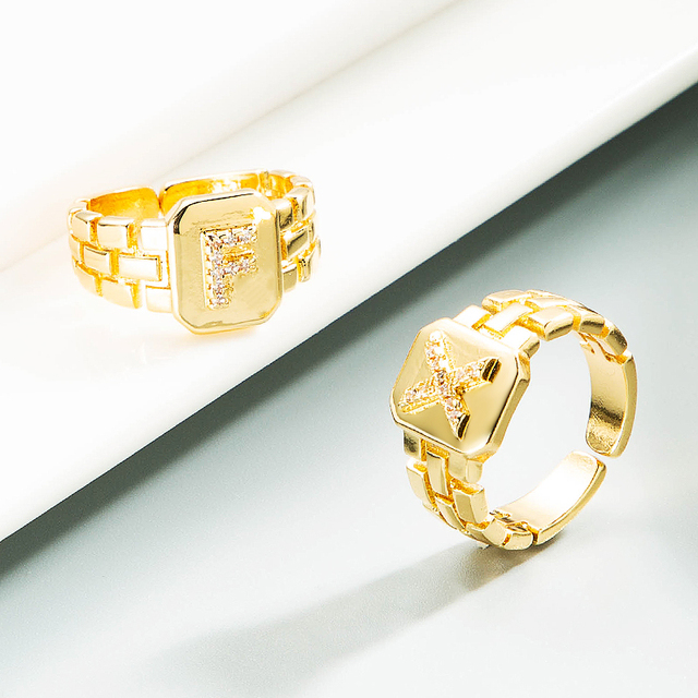 Luksusowy pierścień z błyszczącymi, delikatnymi, początkowymi, miedzianymi otwartymi pierścieniami dla kobiet z cyrkoniami o regulowanym rozmiarze alfabetu A-Z - Wianko - 6