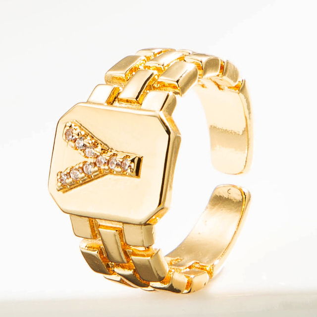 Luksusowy pierścień z błyszczącymi, delikatnymi, początkowymi, miedzianymi otwartymi pierścieniami dla kobiet z cyrkoniami o regulowanym rozmiarze alfabetu A-Z - Wianko - 30