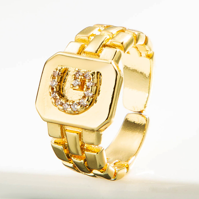 Luksusowy pierścień z błyszczącymi, delikatnymi, początkowymi, miedzianymi otwartymi pierścieniami dla kobiet z cyrkoniami o regulowanym rozmiarze alfabetu A-Z - Wianko - 13
