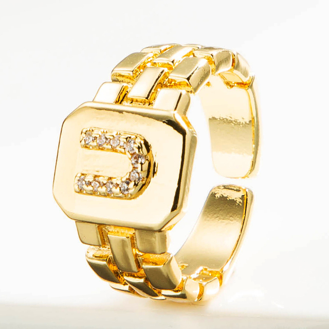 Luksusowy pierścień z błyszczącymi, delikatnymi, początkowymi, miedzianymi otwartymi pierścieniami dla kobiet z cyrkoniami o regulowanym rozmiarze alfabetu A-Z - Wianko - 26