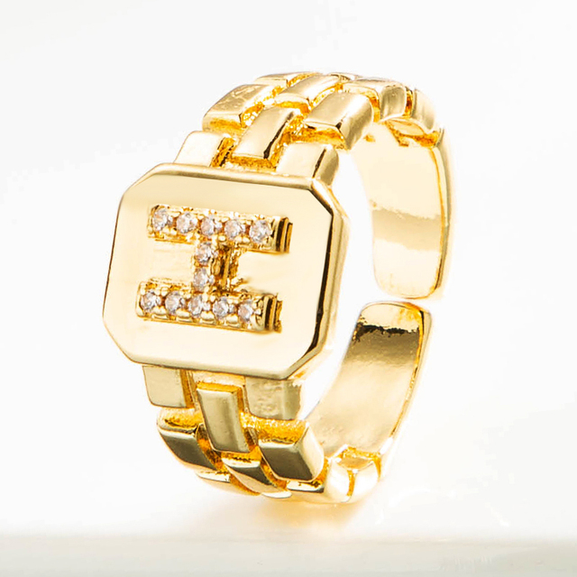 Luksusowy pierścień z błyszczącymi, delikatnymi, początkowymi, miedzianymi otwartymi pierścieniami dla kobiet z cyrkoniami o regulowanym rozmiarze alfabetu A-Z - Wianko - 14