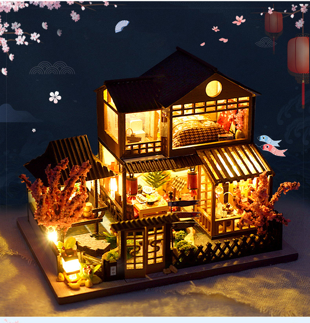 DIY drewniany domek dla lalek - miniatura z meblami, japoński styl, dla dzieci dziewczynki - domek dla lalek do samodzielnego składania - prezent na Boże Narodzenie - Wianko - 3