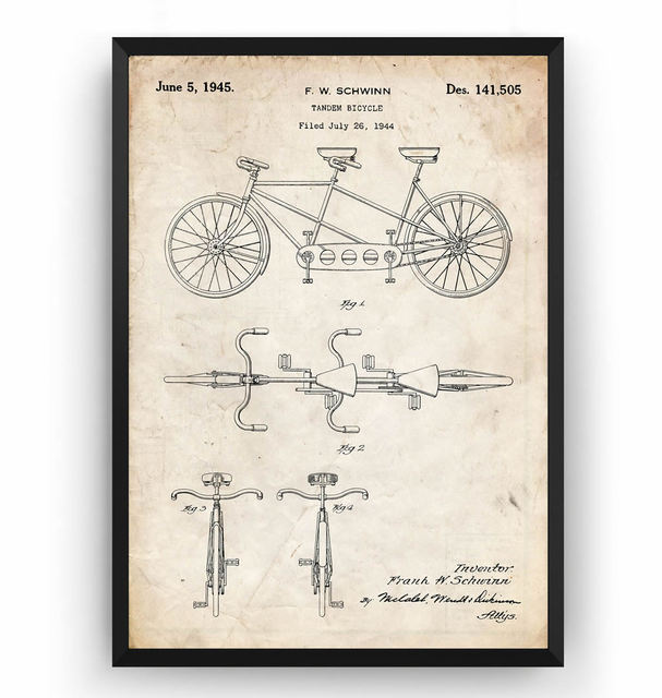 Plakat na płótnie Vintage Tandem Rowery 1945 Patent - Kolarstwo Blueprint, Dekoracje Ścienne Mam w ofercie plakat na płótnie przedstawiający Vintage Tandem Rowery z 1945 roku opatentowane jako Blueprint kolarstwa. Idealne do dekoracji ścian w domu - Wianko - 5