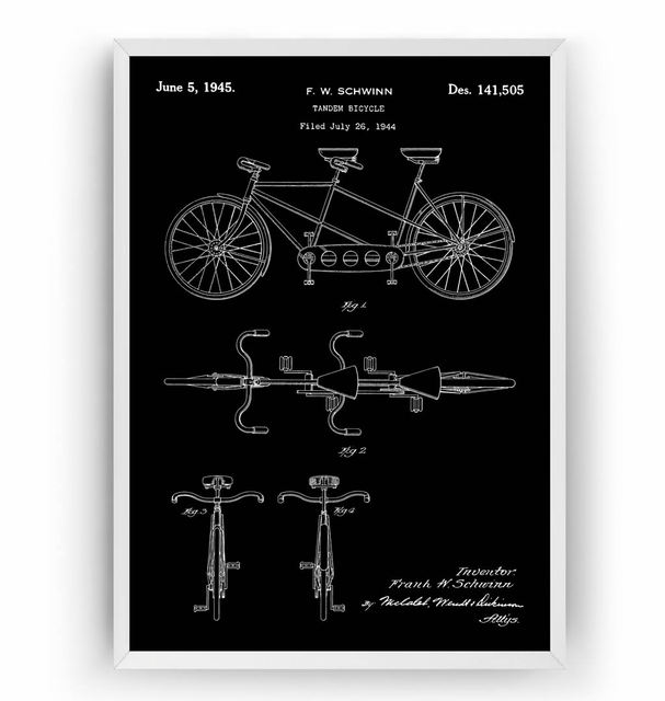Plakat na płótnie Vintage Tandem Rowery 1945 Patent - Kolarstwo Blueprint, Dekoracje Ścienne Mam w ofercie plakat na płótnie przedstawiający Vintage Tandem Rowery z 1945 roku opatentowane jako Blueprint kolarstwa. Idealne do dekoracji ścian w domu - Wianko - 3