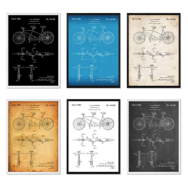 Plakat na płótnie Vintage Tandem Rowery 1945 Patent - Kolarstwo Blueprint, Dekoracje Ścienne Mam w ofercie plakat na płótnie przedstawiający Vintage Tandem Rowery z 1945 roku opatentowane jako Blueprint kolarstwa. Idealne do dekoracji ścian w domu - Wianko - 2