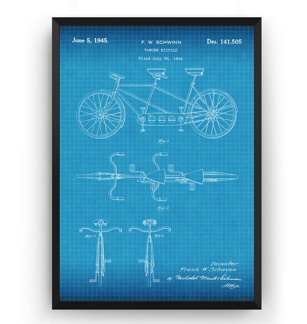 Plakat na płótnie Vintage Tandem Rowery 1945 Patent - Kolarstwo Blueprint, Dekoracje Ścienne Mam w ofercie plakat na płótnie przedstawiający Vintage Tandem Rowery z 1945 roku opatentowane jako Blueprint kolarstwa. Idealne do dekoracji ścian w domu - Wianko - 4