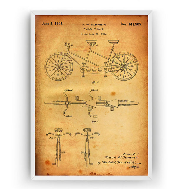 Plakat na płótnie Vintage Tandem Rowery 1945 Patent - Kolarstwo Blueprint, Dekoracje Ścienne Mam w ofercie plakat na płótnie przedstawiający Vintage Tandem Rowery z 1945 roku opatentowane jako Blueprint kolarstwa. Idealne do dekoracji ścian w domu - Wianko - 6