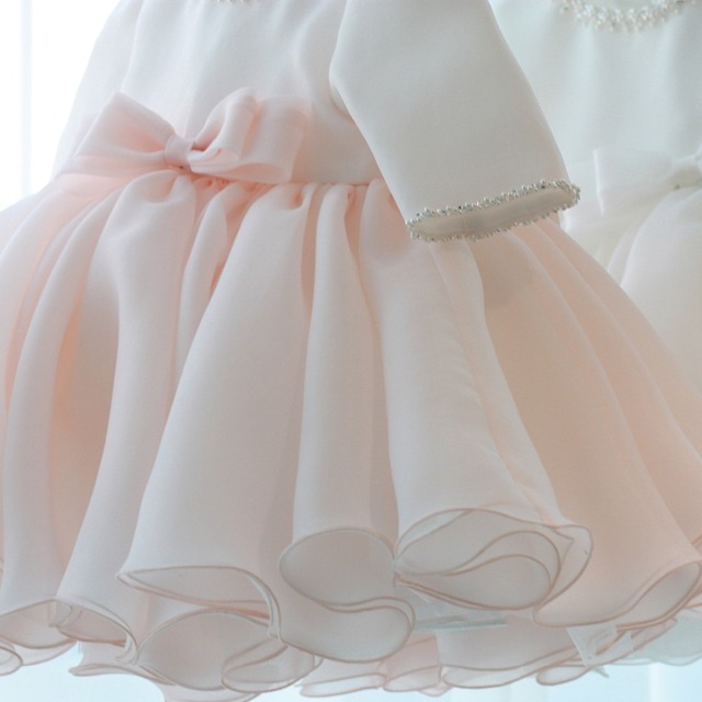 Sukienka dla dziewczynek z długim rękawem - koraliki, kokardka, biała, 1 rok - Wianko - 4