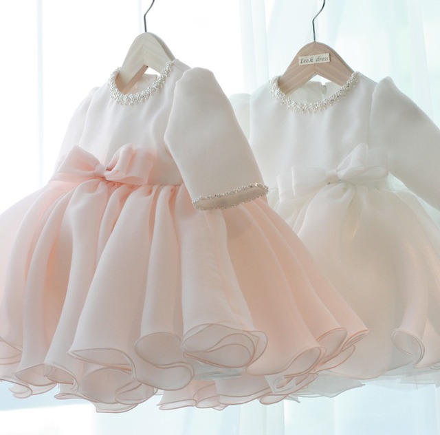 Sukienka dla dziewczynek z długim rękawem - koraliki, kokardka, biała, 1 rok - Wianko - 2