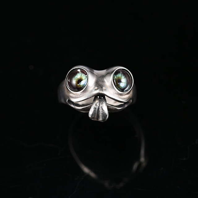 Śliczny pierścień skręcania żaba z zielonymi oczami - biżuteria męska i damska srebrnego koloru - Wianko - 4
