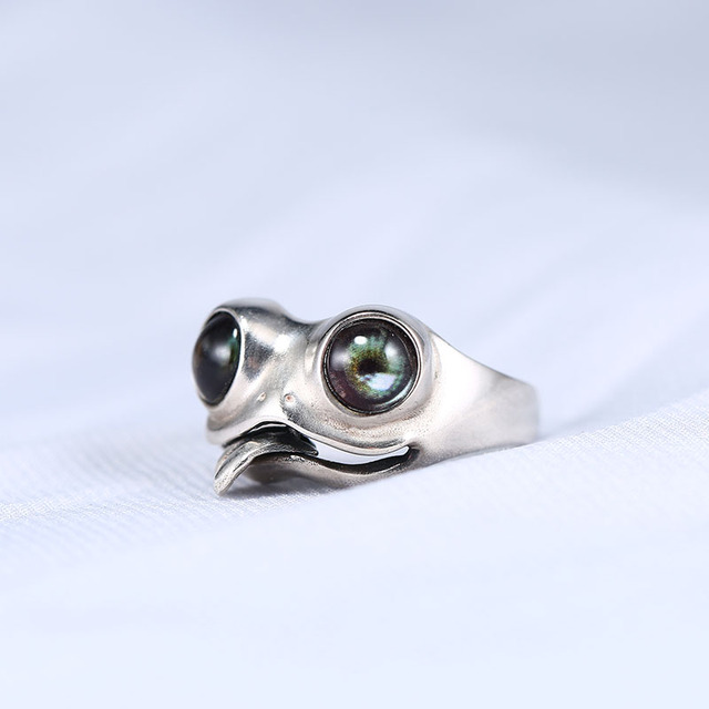 Śliczny pierścień skręcania żaba z zielonymi oczami - biżuteria męska i damska srebrnego koloru - Wianko - 5
