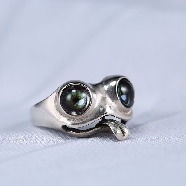 Śliczny pierścień skręcania żaba z zielonymi oczami - biżuteria męska i damska srebrnego koloru - Wianko - 2