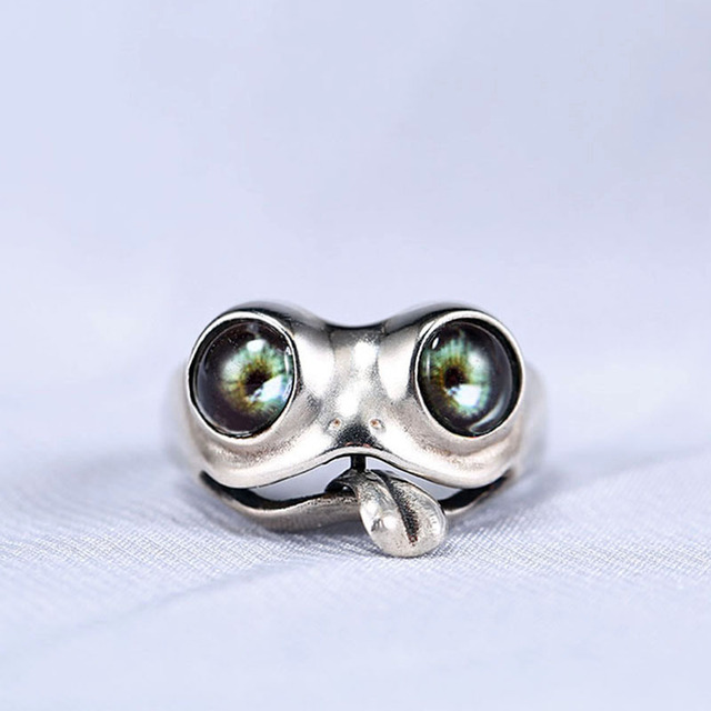 Śliczny pierścień skręcania żaba z zielonymi oczami - biżuteria męska i damska srebrnego koloru - Wianko - 1