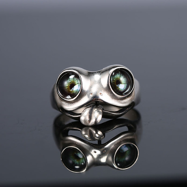 Śliczny pierścień skręcania żaba z zielonymi oczami - biżuteria męska i damska srebrnego koloru - Wianko - 3