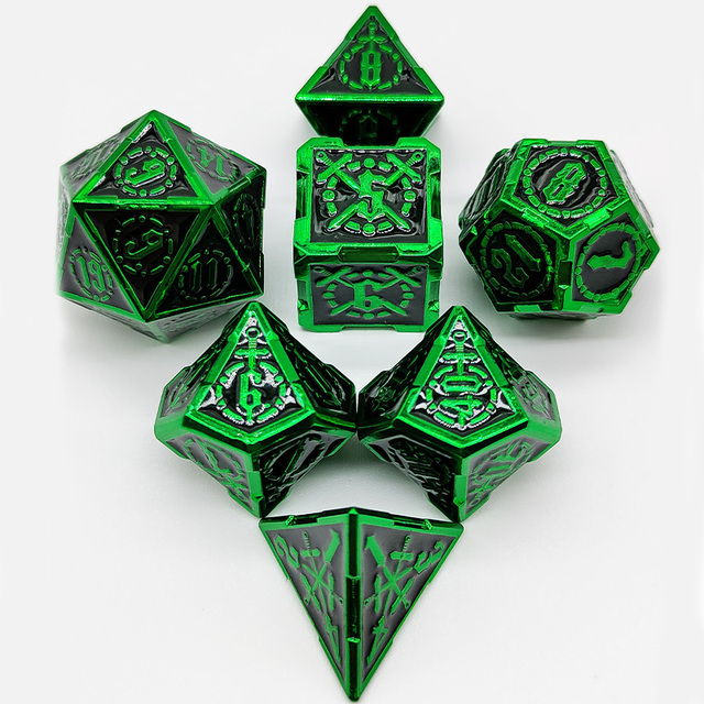 Zestaw wielościennych metalowych kości do gry MTG - kolorowe D6, D10, D20, D4, D8, D12 - zielono-czerwona torba - akcesoria do gry planszowej RPG D&D - Wianko - 21