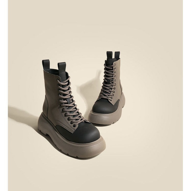 Nowa marka modne buty motocyklowe damskie z grubą podeszwą aksamitne o okrągłym nosku i sznurowane, kolor nude - Wianko - 7