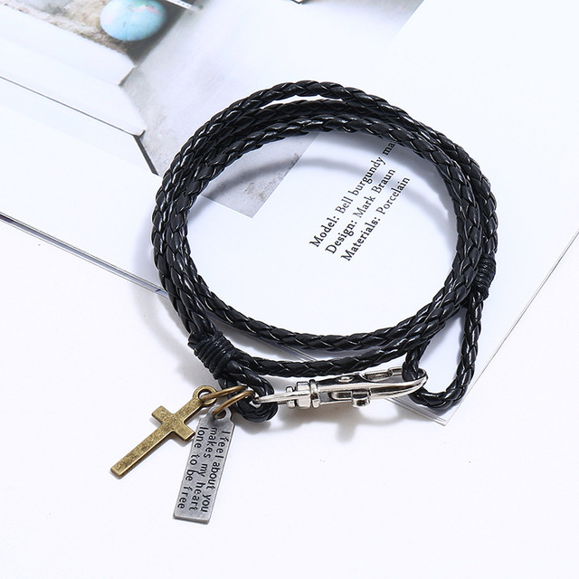 Zestaw modne nity czarne męskie skórzane bransoletki z wisiorkiem krzyża Christian - ręcznie pleciona męska biżuteria - Wianko - 2