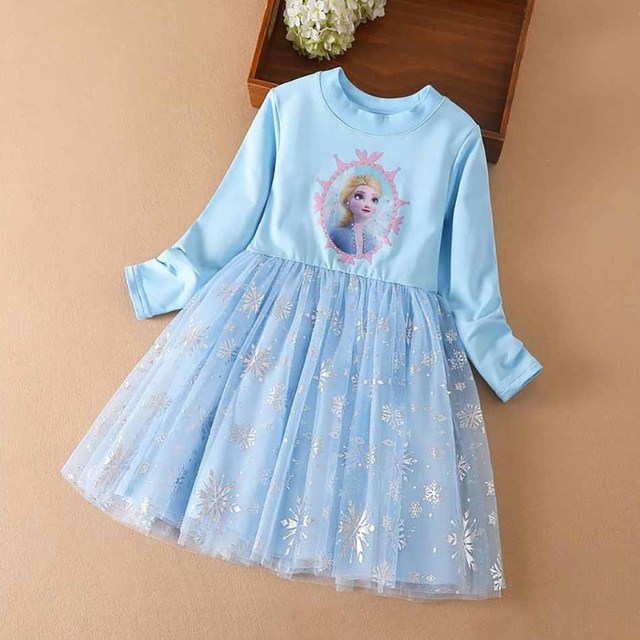 Dziewczęca sukienka bawełniana Elsa z koronkowym cekinem, różowo-niebieska, zimowe stroje, casual - Wianko - 2