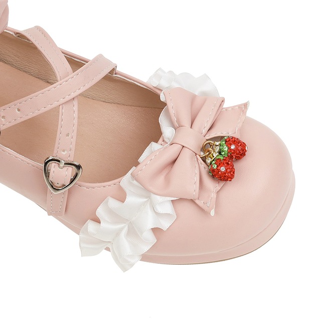 Japońskie Lolita - różowe buty Mary Jane na kostkę z kokardką, ozdobione kwiatowymi falbankami (bez rozmiaru 48) - Wianko - 14