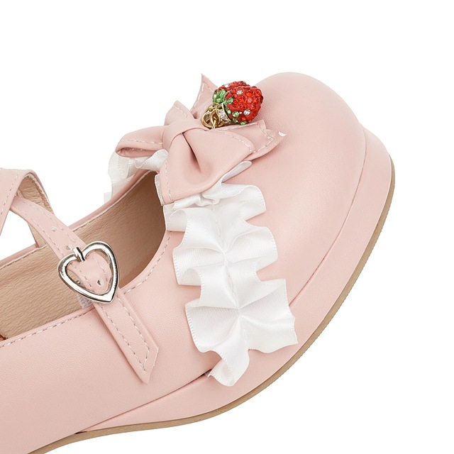 Japońskie Lolita - różowe buty Mary Jane na kostkę z kokardką, ozdobione kwiatowymi falbankami (bez rozmiaru 48) - Wianko - 15