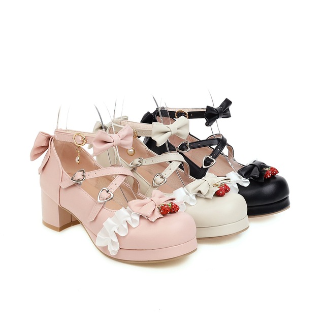 Japońskie Lolita - różowe buty Mary Jane na kostkę z kokardką, ozdobione kwiatowymi falbankami (bez rozmiaru 48) - Wianko - 6