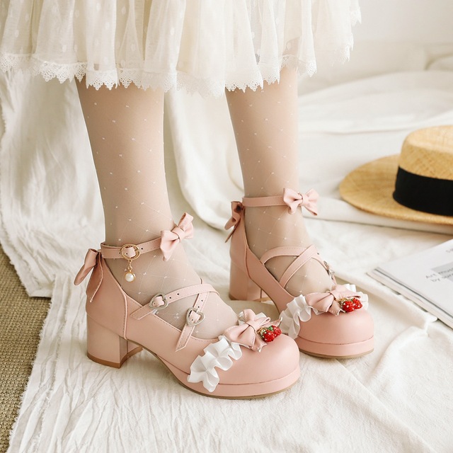 Japońskie Lolita - różowe buty Mary Jane na kostkę z kokardką, ozdobione kwiatowymi falbankami (bez rozmiaru 48) - Wianko - 2