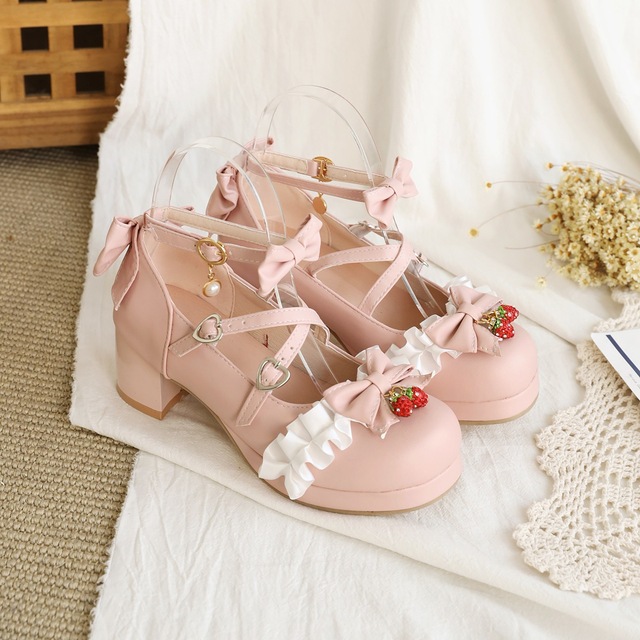 Japońskie Lolita - różowe buty Mary Jane na kostkę z kokardką, ozdobione kwiatowymi falbankami (bez rozmiaru 48) - Wianko - 27
