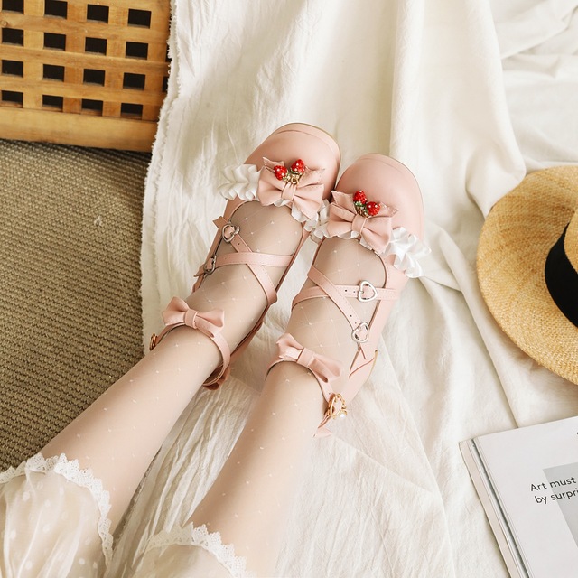 Japońskie Lolita - różowe buty Mary Jane na kostkę z kokardką, ozdobione kwiatowymi falbankami (bez rozmiaru 48) - Wianko - 19